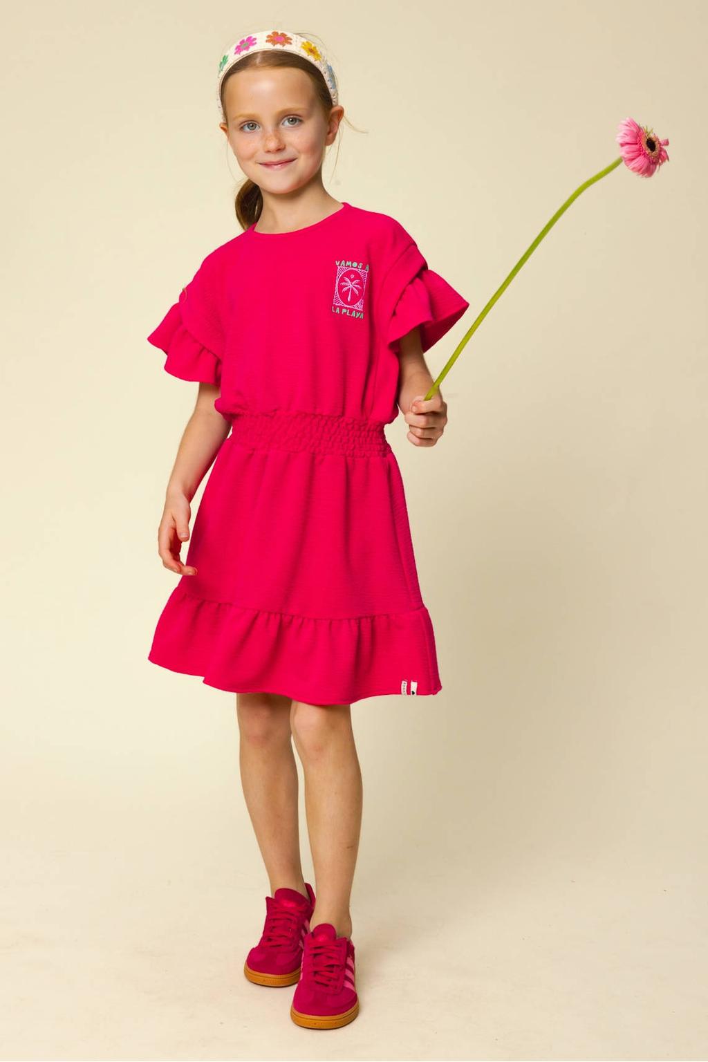 Roze meisjes LOOXS little zomerjurk van polyester met effen, korte mouwen, ronde hals en elastische boord