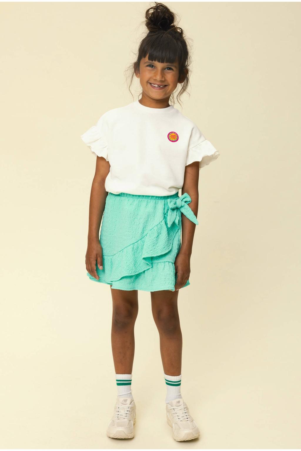 Wit en roze meisjes LOOXS little jersey T-shirt met backprint, korte mouwen, ronde hals en ruches
