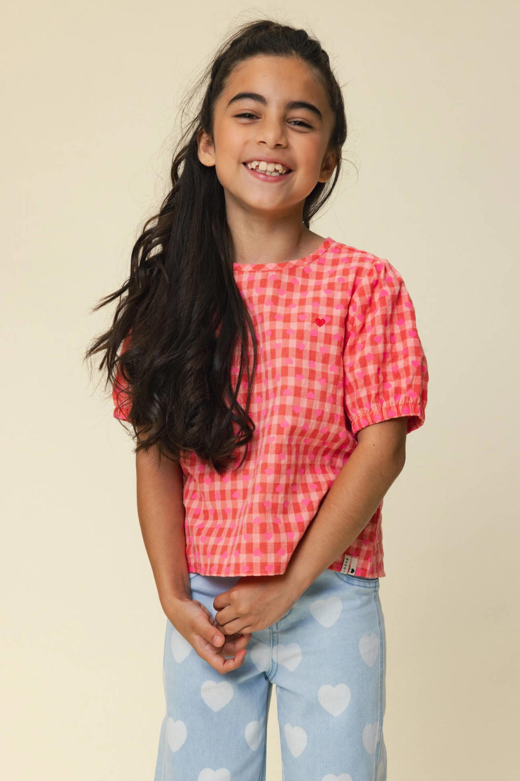 Roze meisjes LOOXS little geruit T-shirt van katoen met korte mouwen, ronde hals, knoopsluiting en geweven detail