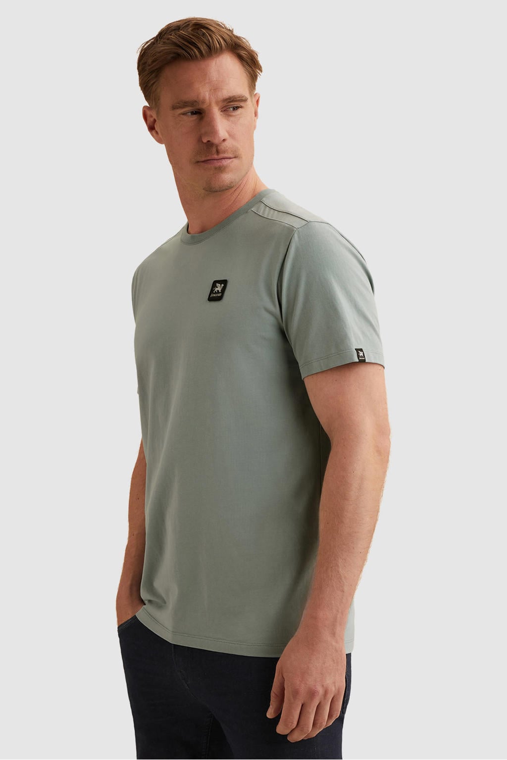 Grijsblauwe heren Vanguard regular T-shirt blauw van katoen met effen, korte mouwen en ronde hals