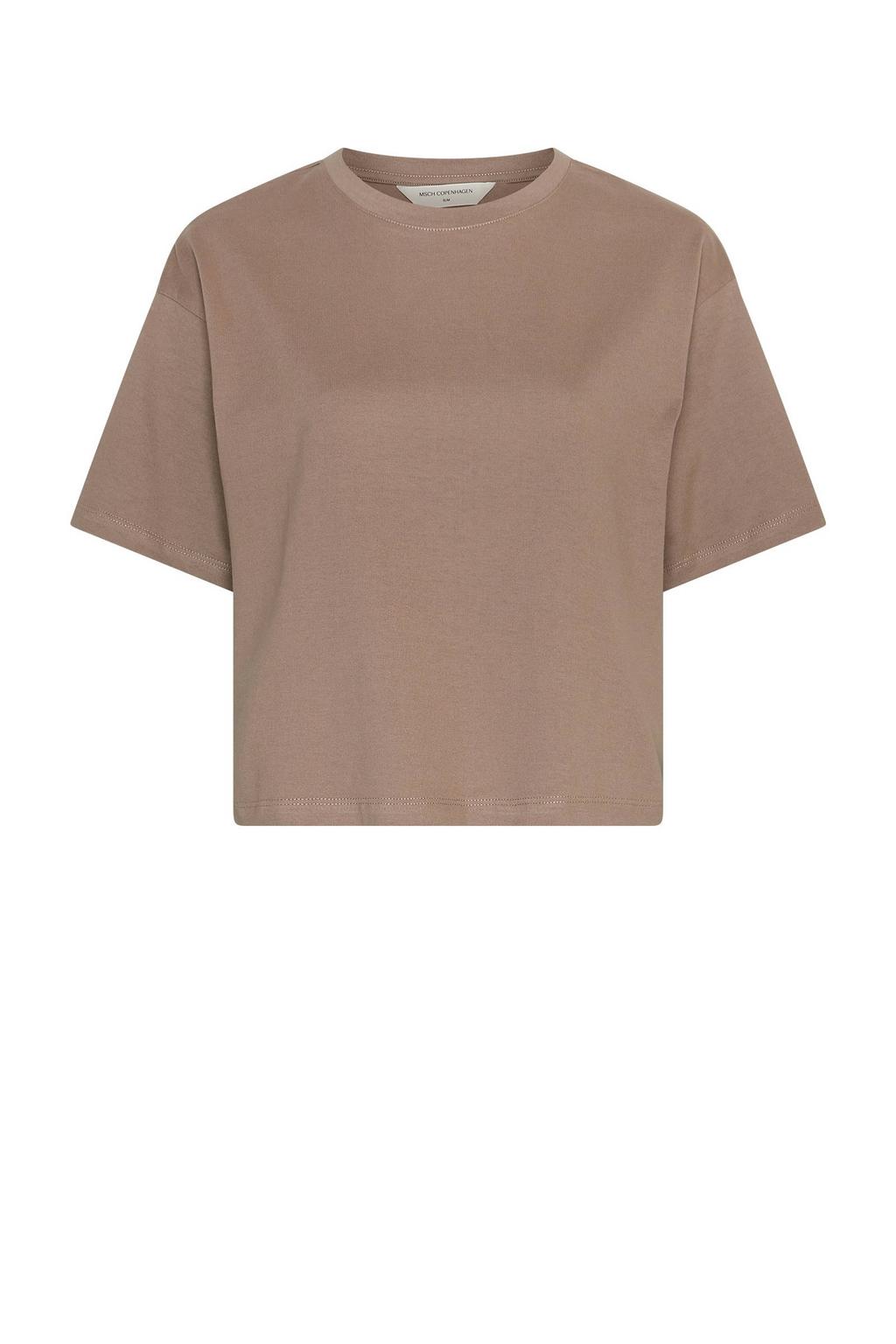 Lichtbruine dames MSCH Copenhagen T-shirt van katoen met effen, korte mouwen en ronde hals