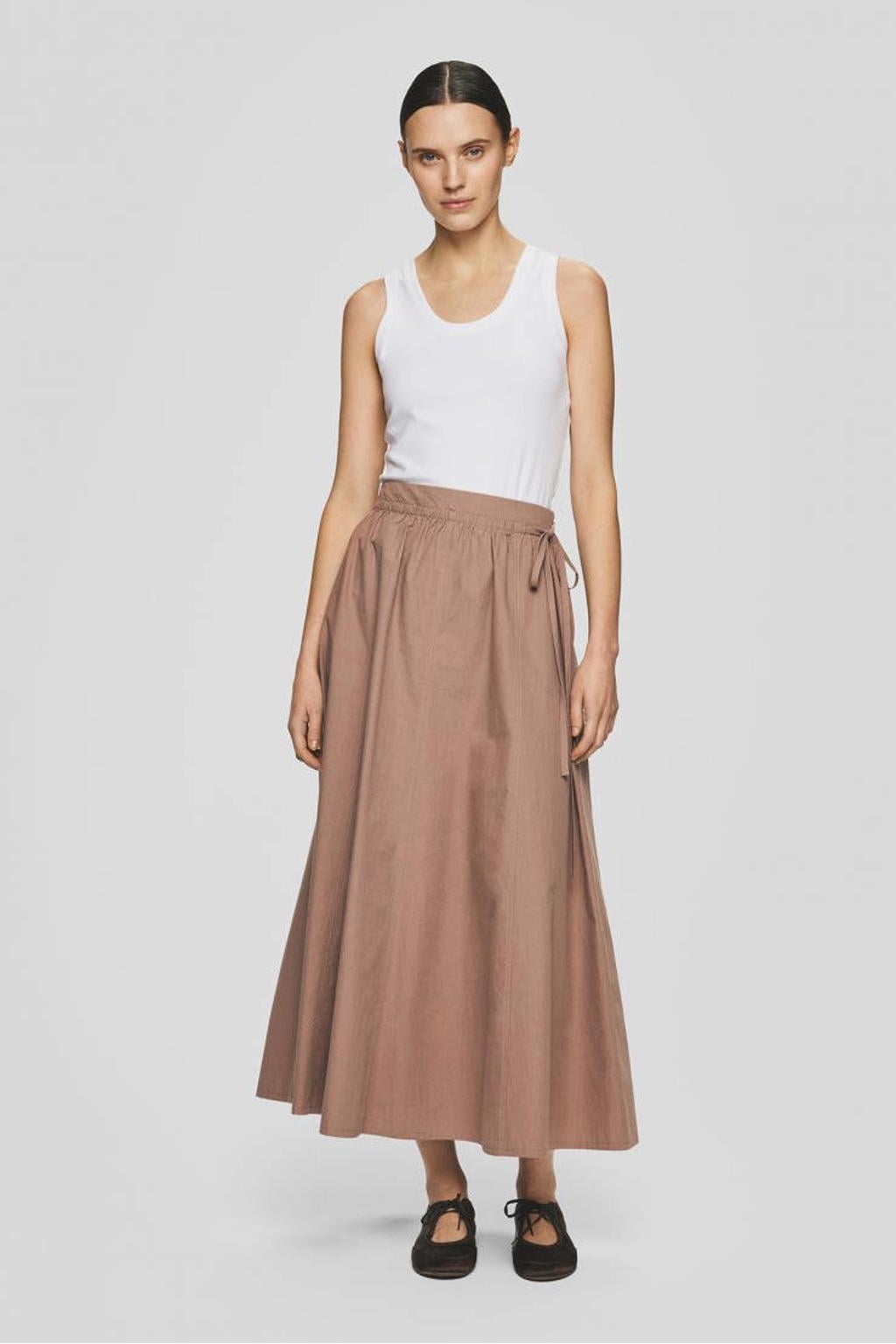 Lichtbruine dames MSCH Copenhagen midi rok gemaakt van katoen en met elastische tailleband
