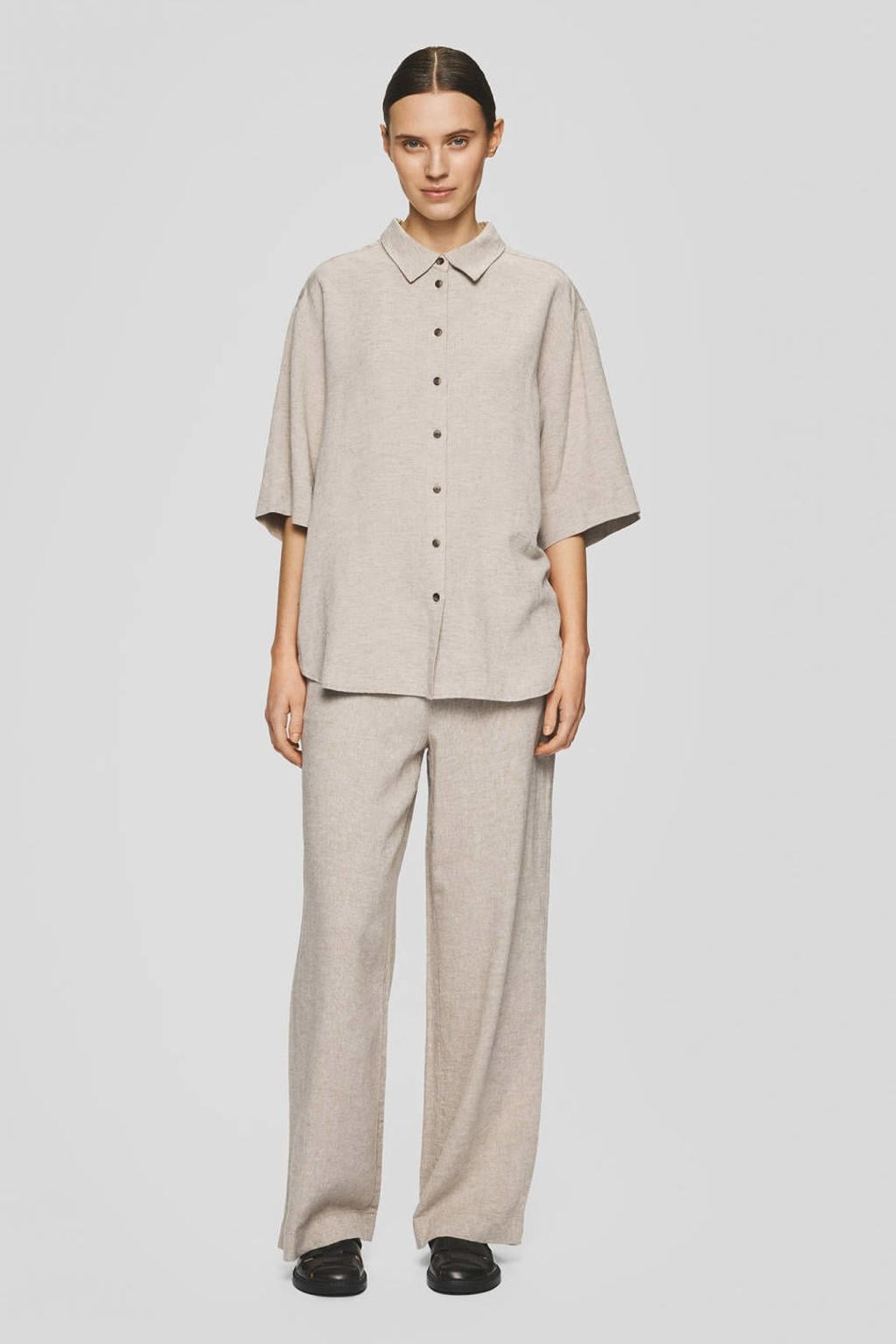 Beige dames MSCH Copenhagen wide leg high waist broek van linnen met ritssluiting en effen