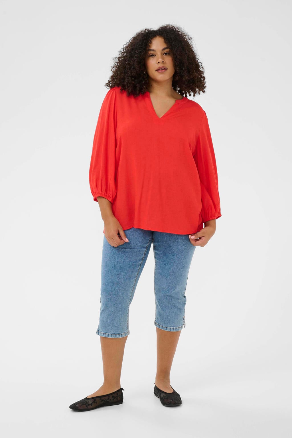 Rode dames Kaffe Curve blousetop van polyester met effen, driekwart mouwen en V-hals