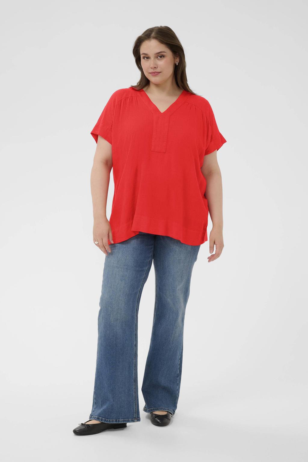 Rode dames Kaffe Curve top van viscose met effen, driekwart mouwen en V-hals