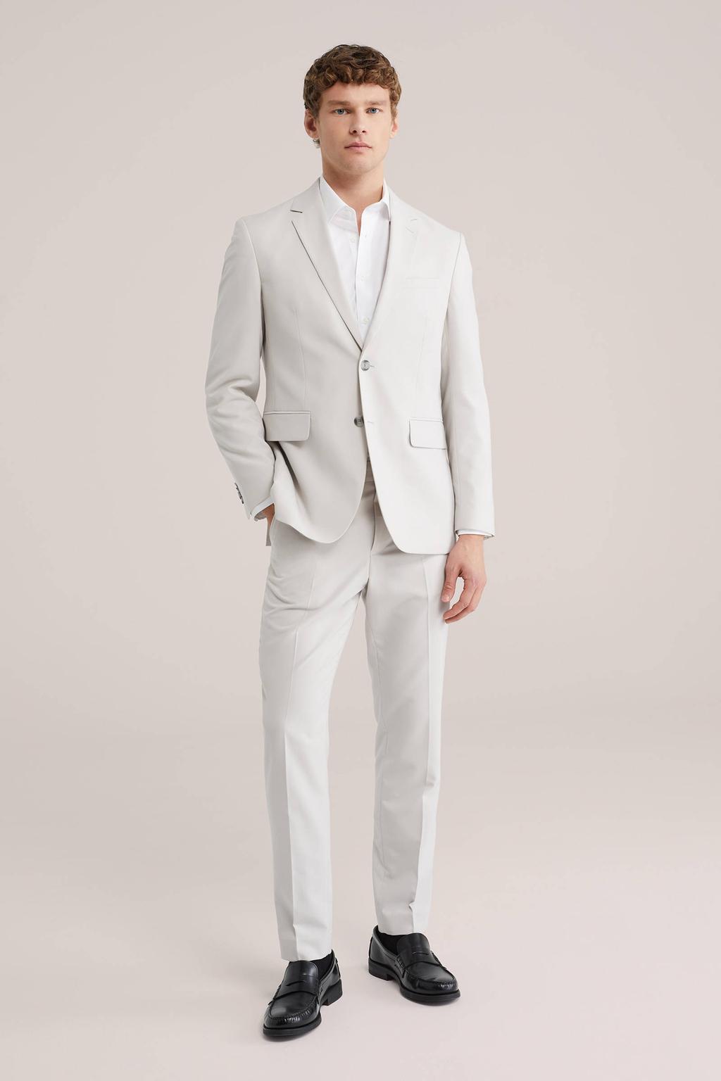 Lichtgrijze heren WE Fashion colbert van polyester met effen, V-hals en knoopsluiting
