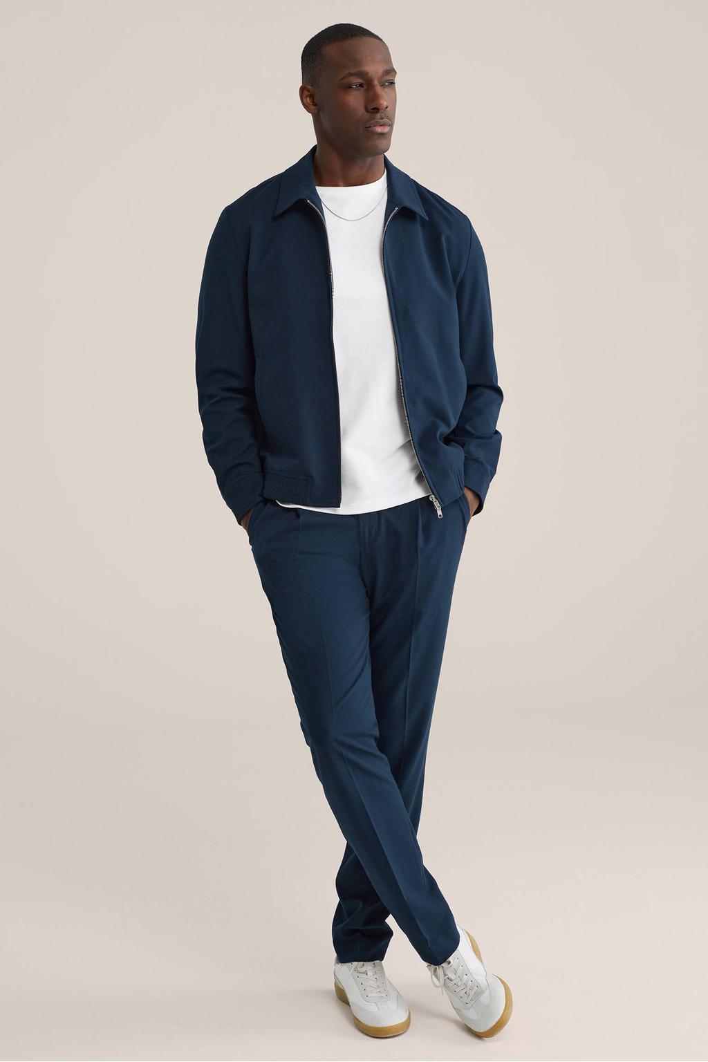 Donkerblauwe heren WE Fashion jack van polyester met effen, lange mouwen, klassieke kraag, 2-way rits en elastische boord