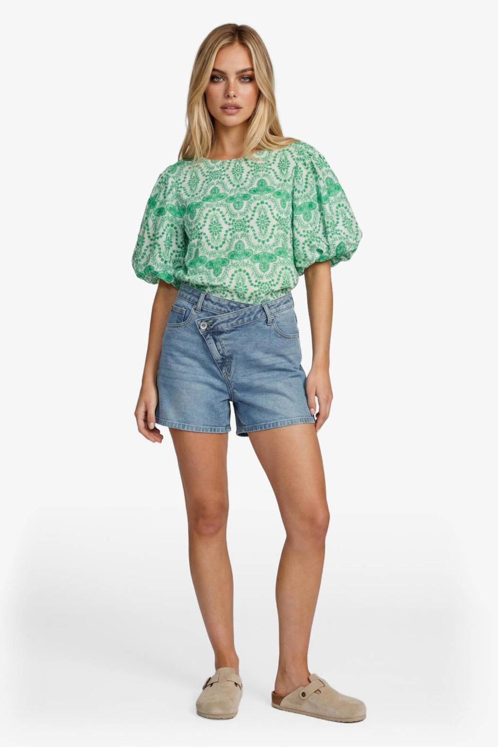Medium blue denim dames FLURESK regular waist short van denim met rits- en knoopsluiting en effen