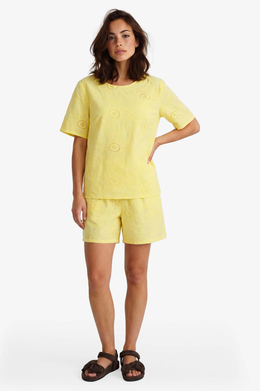 Gele dames FLURESK blousetop broderie van katoen met effen, korte mouwen, ronde hals en striksluiting