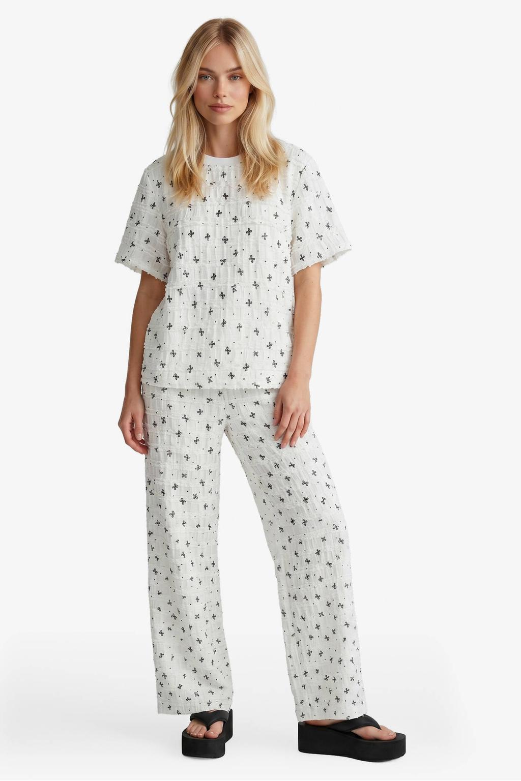 Ecru en zwarte dames FLURESK straight broek van polyester met regular waist en elastische tailleband