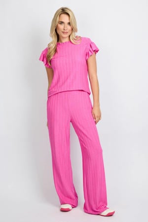 straight regular waist broek met textuur roze