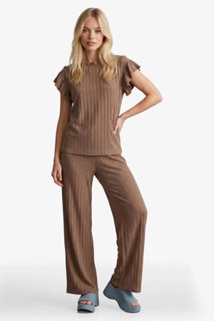 wide leg regular waist broek met textuur bruin