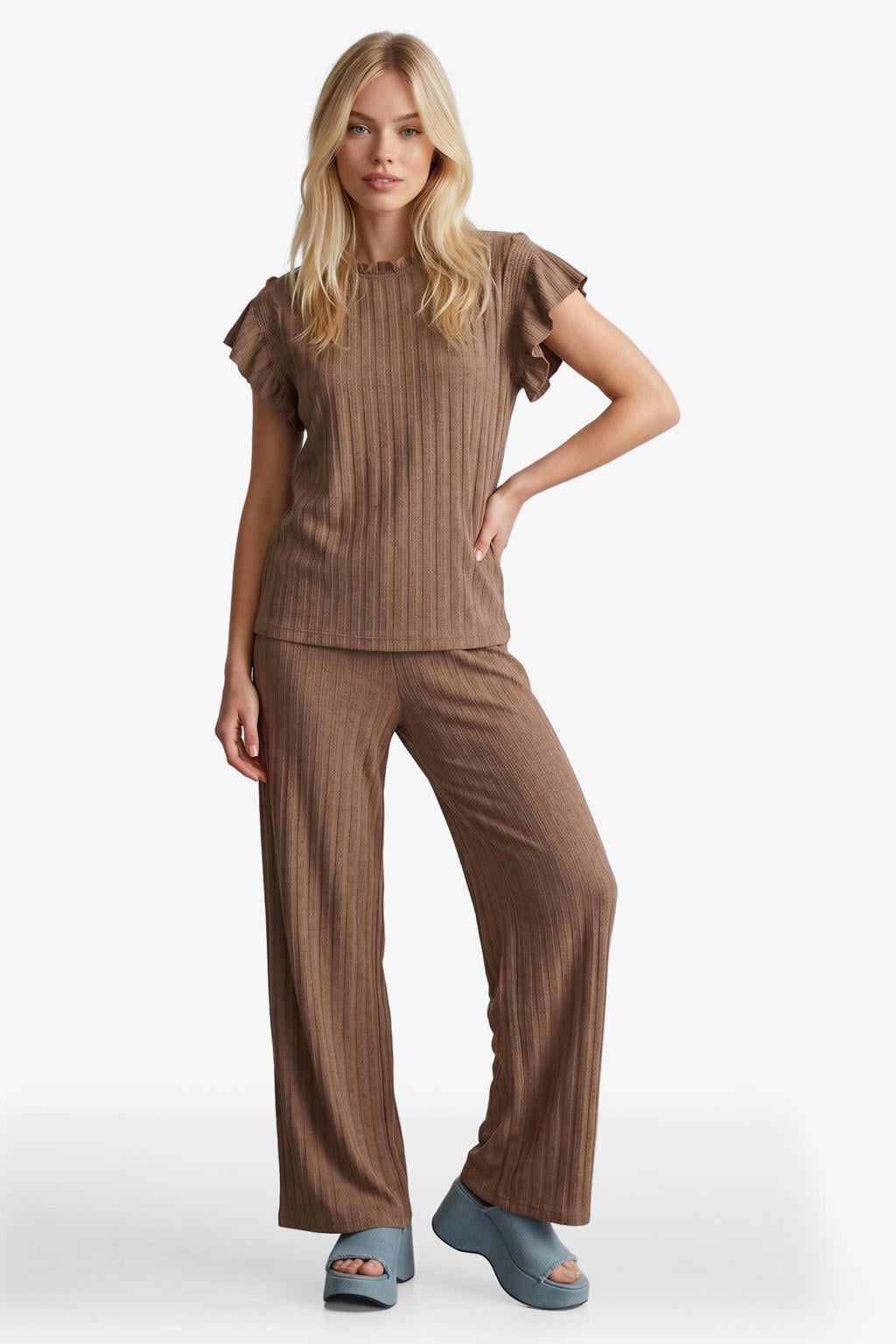 Bruine dames FLURESK wide leg regular waist broek met effen