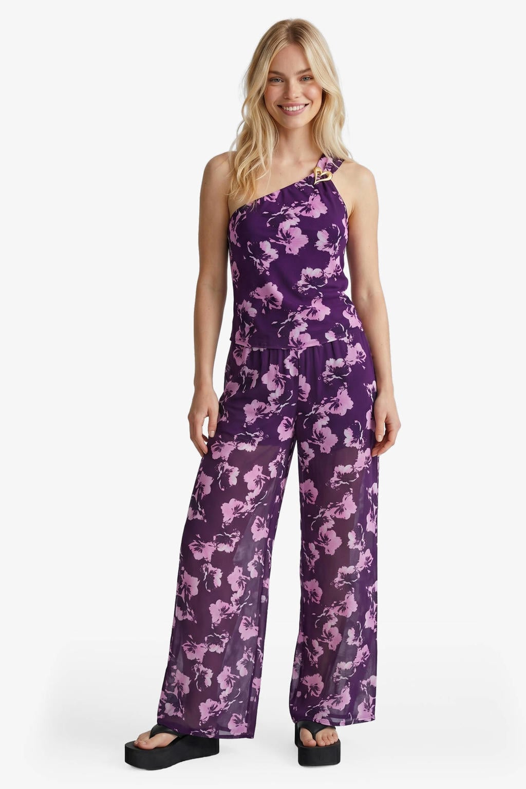 Paars en roze dames FLURESK gebloemde top van polyester met one shoulder