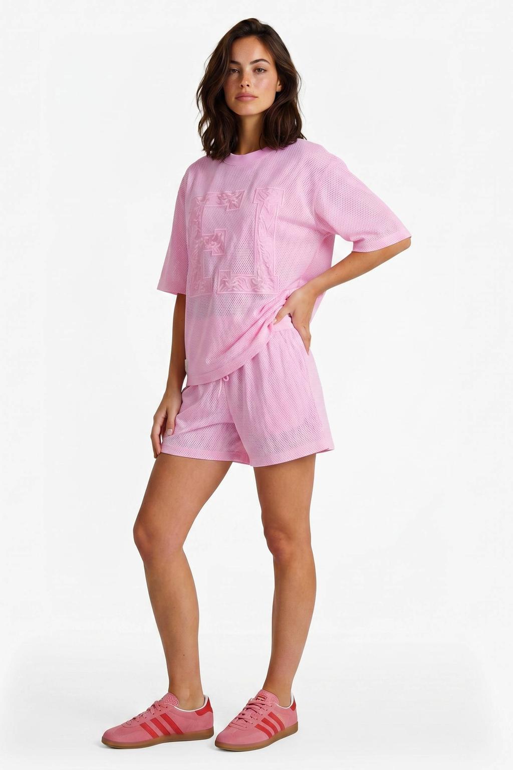 Roze dames FLURESK T-shirt van polyester met effen, korte mouwen, ronde hals en kant