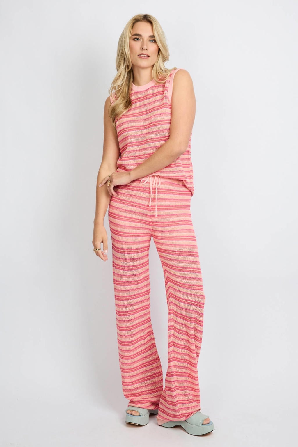 Roze en oranje dames FLURESK straight high waist gestreepte broek gebreid van polyester met elastische tailleband met koord