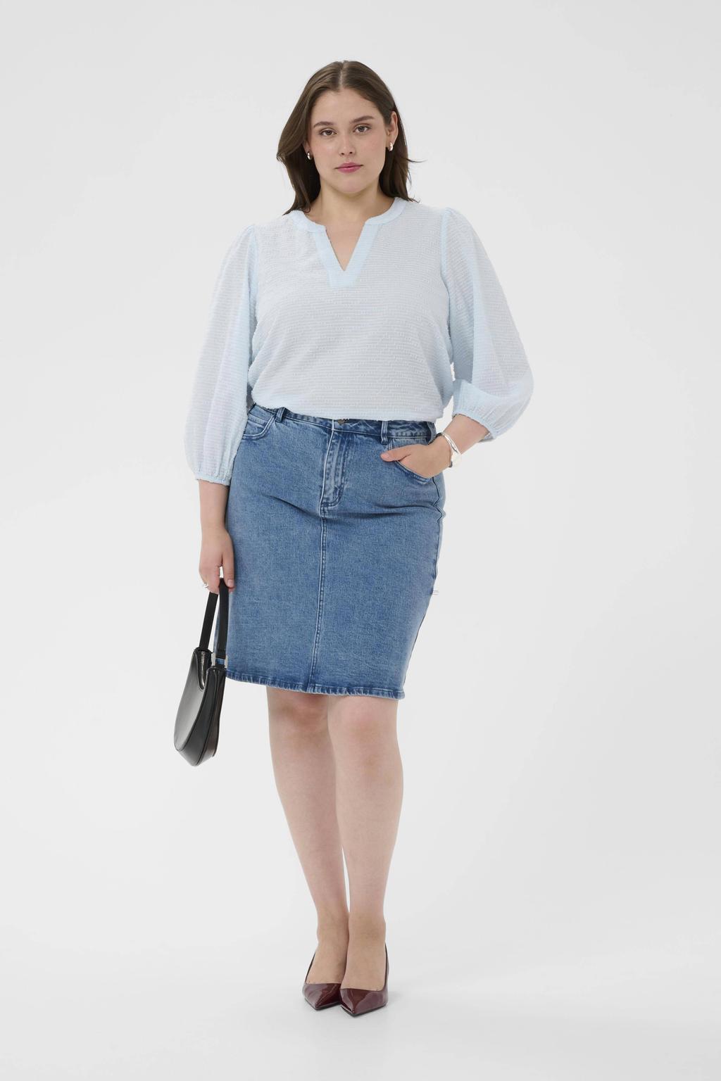 Lichtblauwe dames Kaffe Curve blousetop van katoen met effen, driekwart mouwen en V-hals