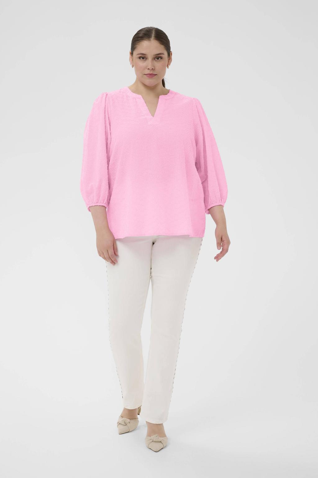 Roze dames Kaffe Curve blousetop van katoen met effen, driekwart mouwen en V-hals