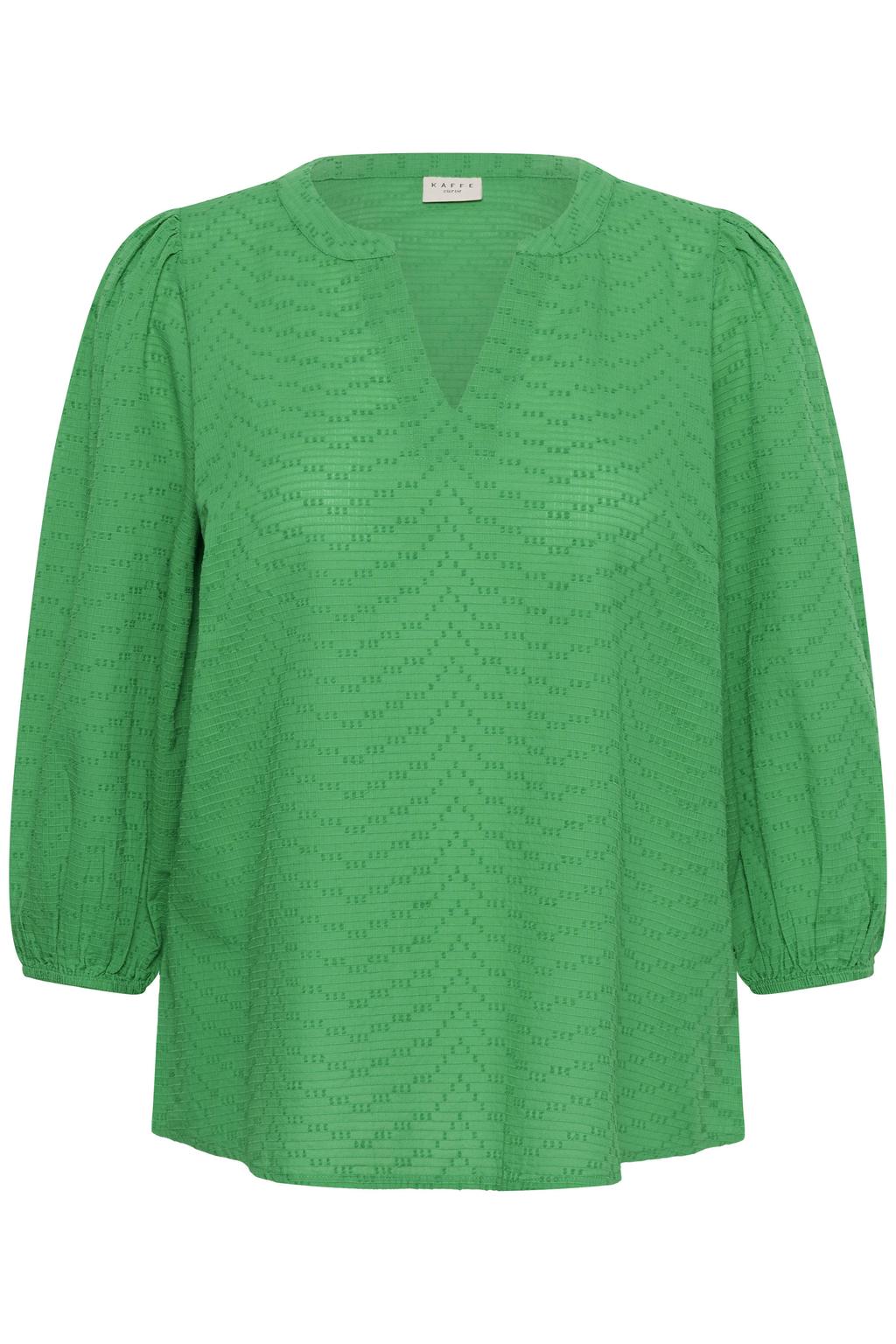 Groene dames Kaffe Curve blousetop van katoen met effen, driekwart mouwen en V-hals