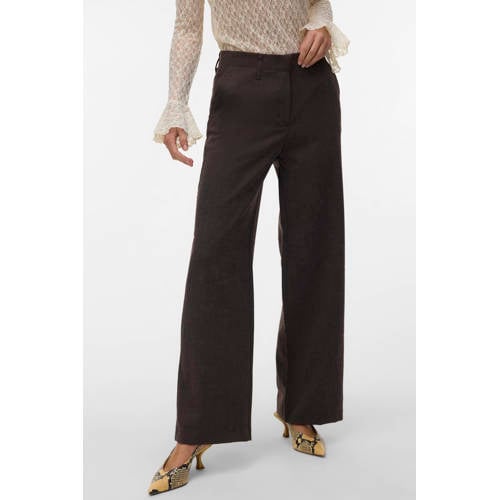 VERO MODA wide leg high waist casual broek donkerbruin afbeelding