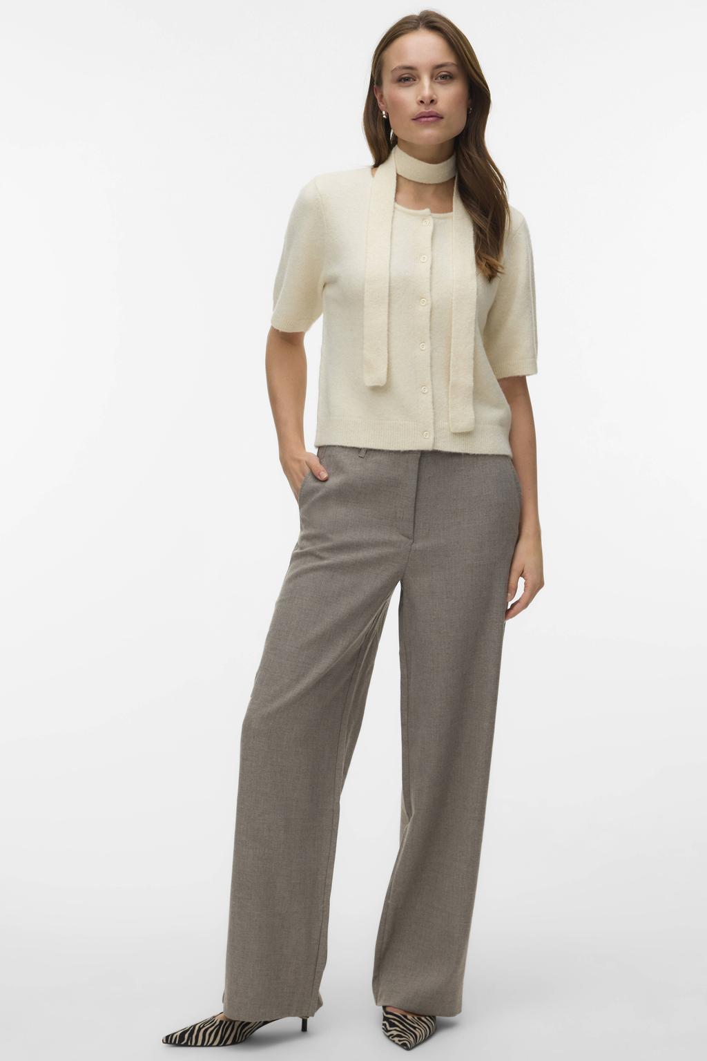 Grijsbruine dames VERO MODA wide leg high waist casual broek bruin met rits, haak- en knoopsluiting
