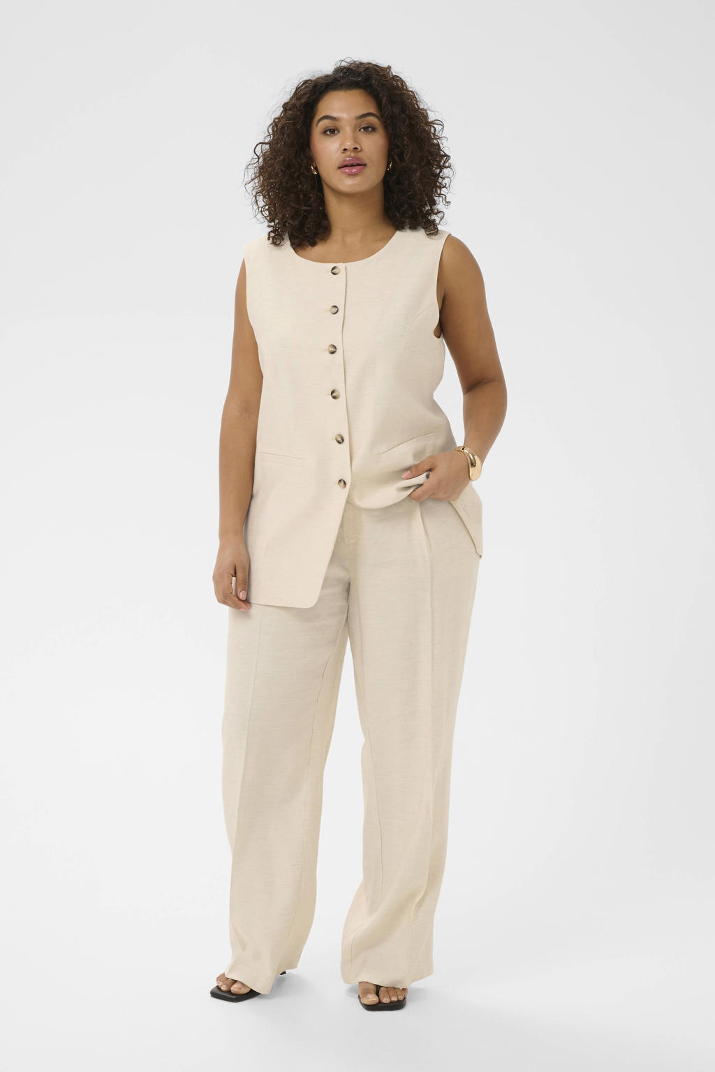 Ecru dames Kaffe Curve straight regular waist broek van viscose met rits- en knoopsluiting en effen