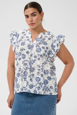 gebloemde top broderie blauw