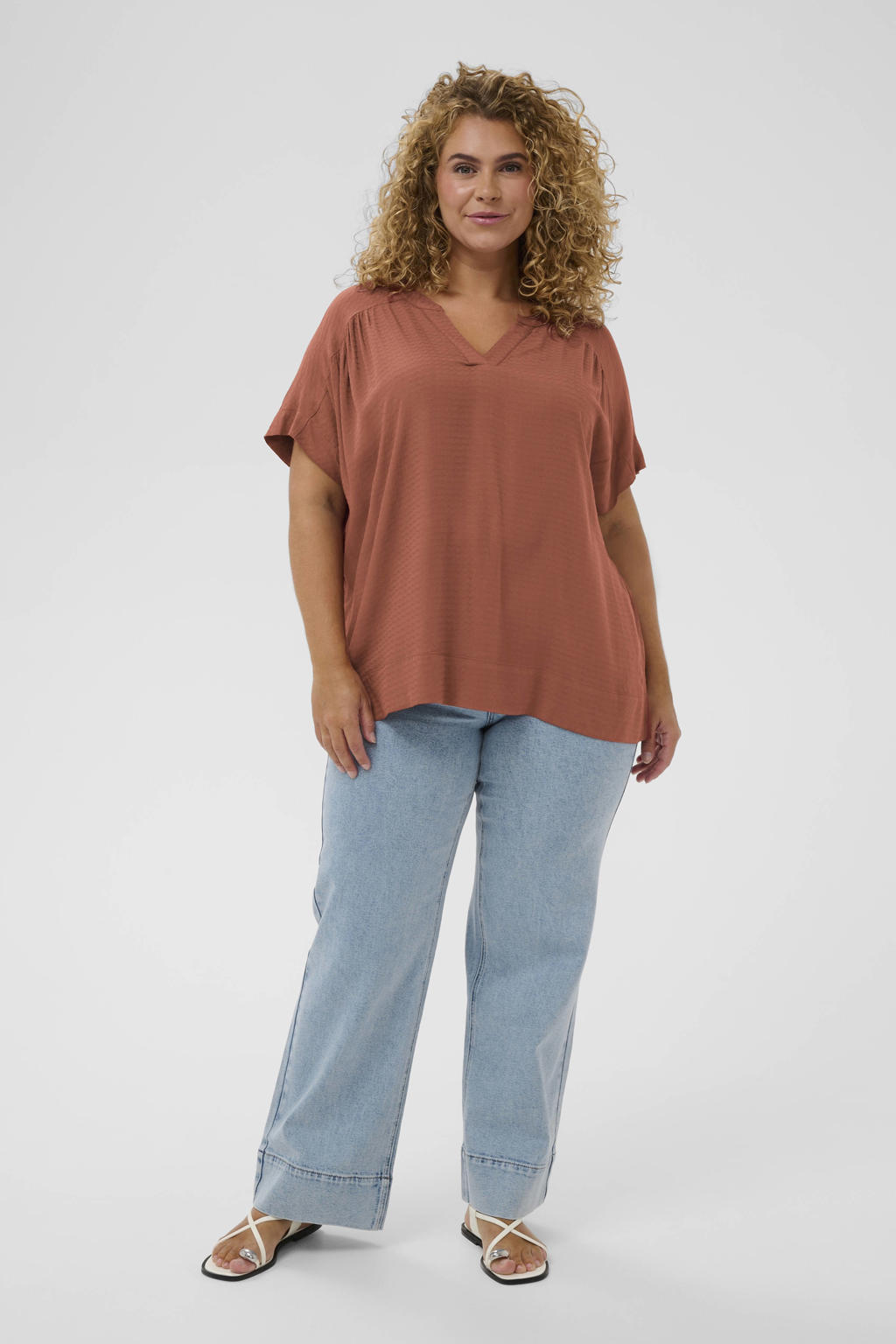Oranje dames Kaffe Curve top van viscose met effen, lange mouwen en V-hals