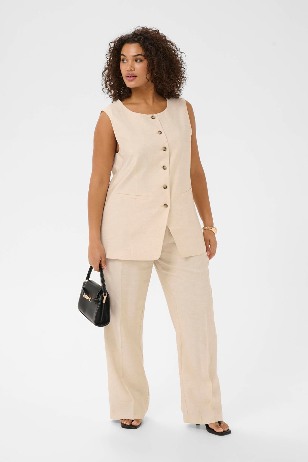 Beige dames Kaffe Curve regular blazer van viscose met effen, lange mouwen en knoopsluiting