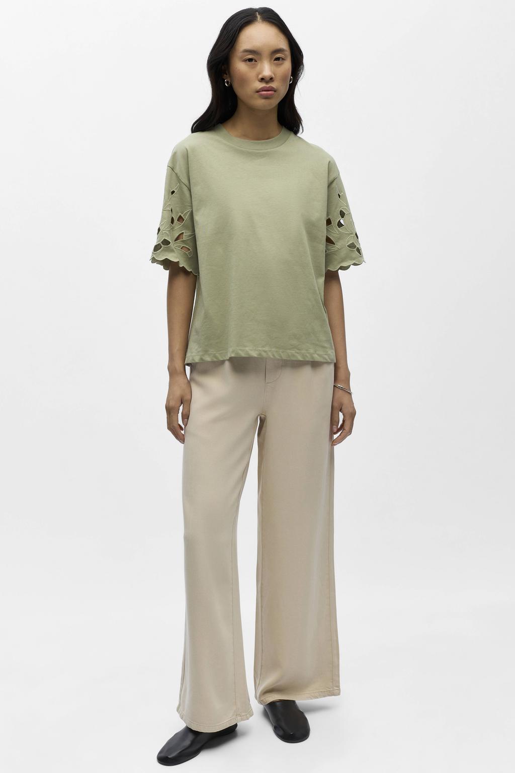 Lichtkaki dames OBJECT T-shirt van katoen met effen, korte mouwen, ronde hals en open detail