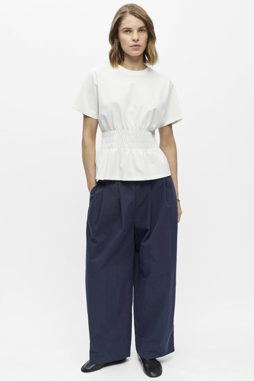 Witte dames OBJECT T-shirt van katoen met effen, korte mouwen, ronde hals en geweven detail