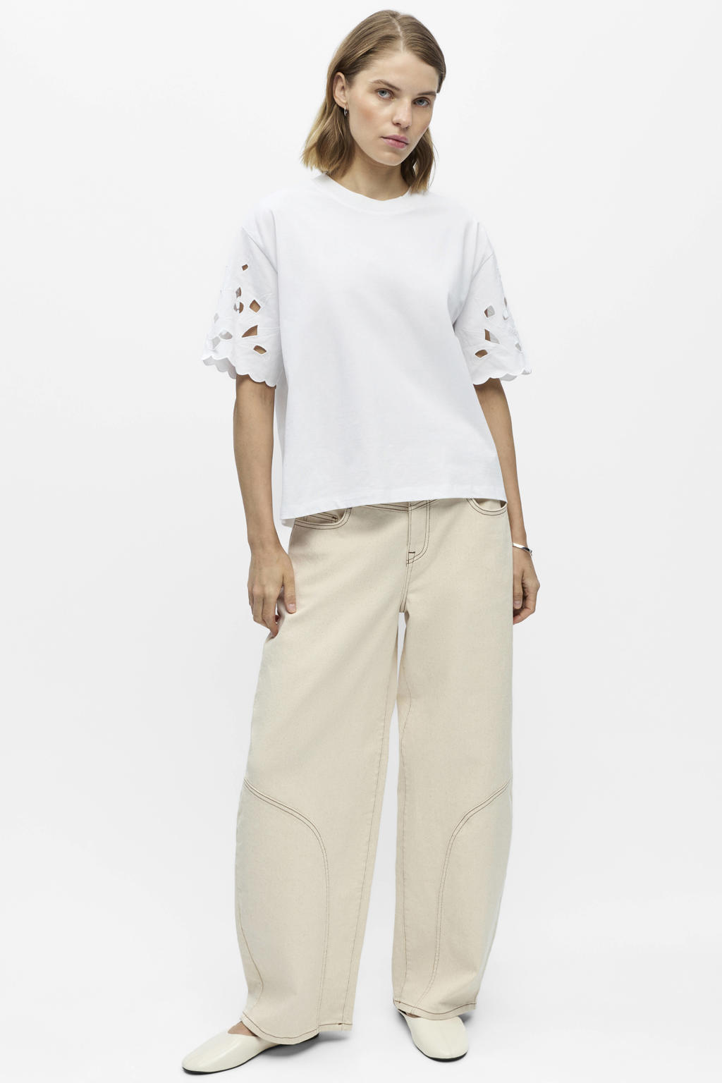 Witte dames OBJECT T-shirt van katoen met effen, korte mouwen, ronde hals en open detail