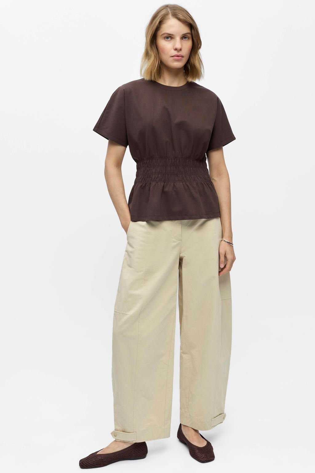 Bruine dames OBJECT T-shirt van katoen met effen, korte mouwen, ronde hals en geweven detail