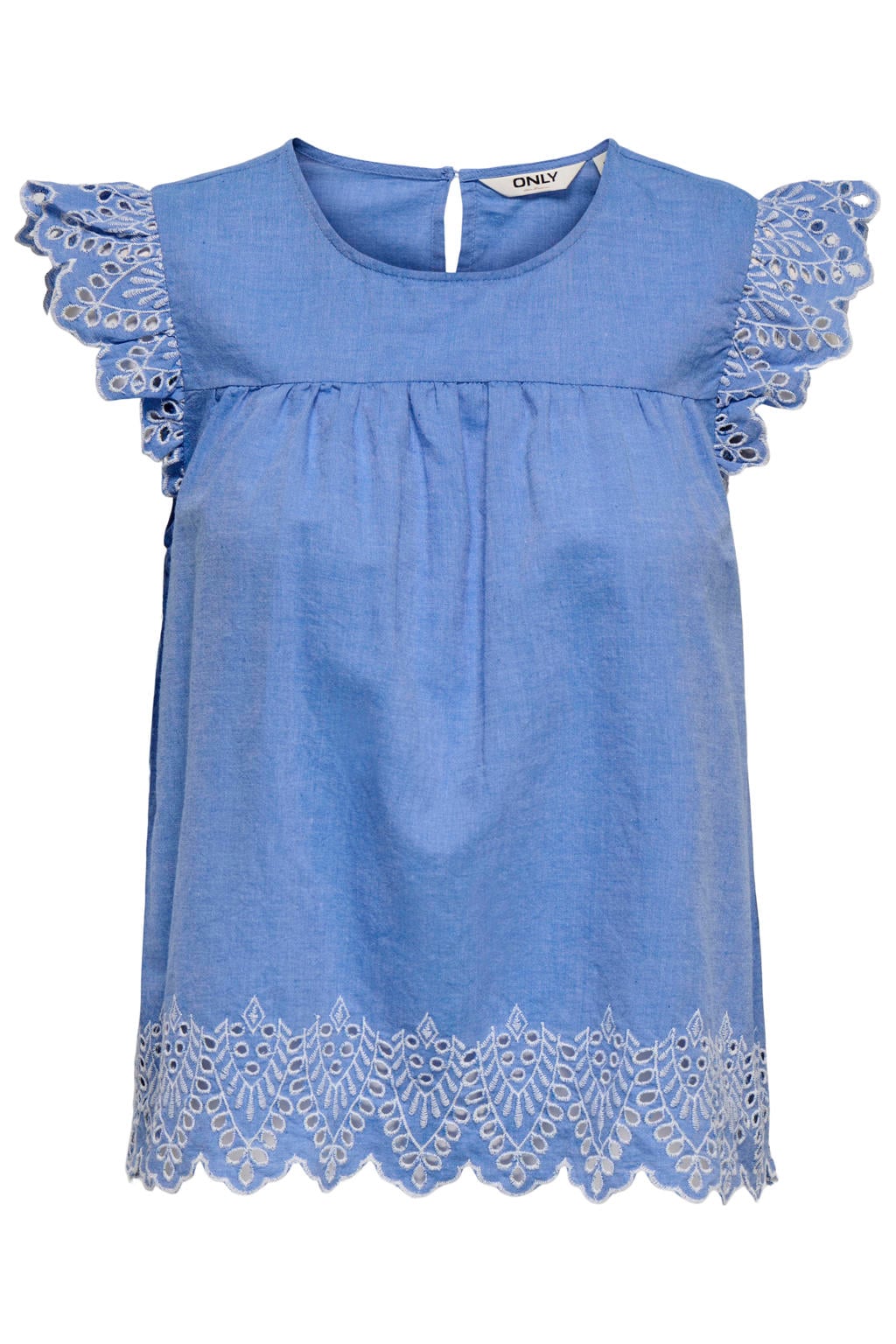 Blauwe dames ONLY CARMAKOMA top met effen, korte mouwen, ronde hals en borduursels