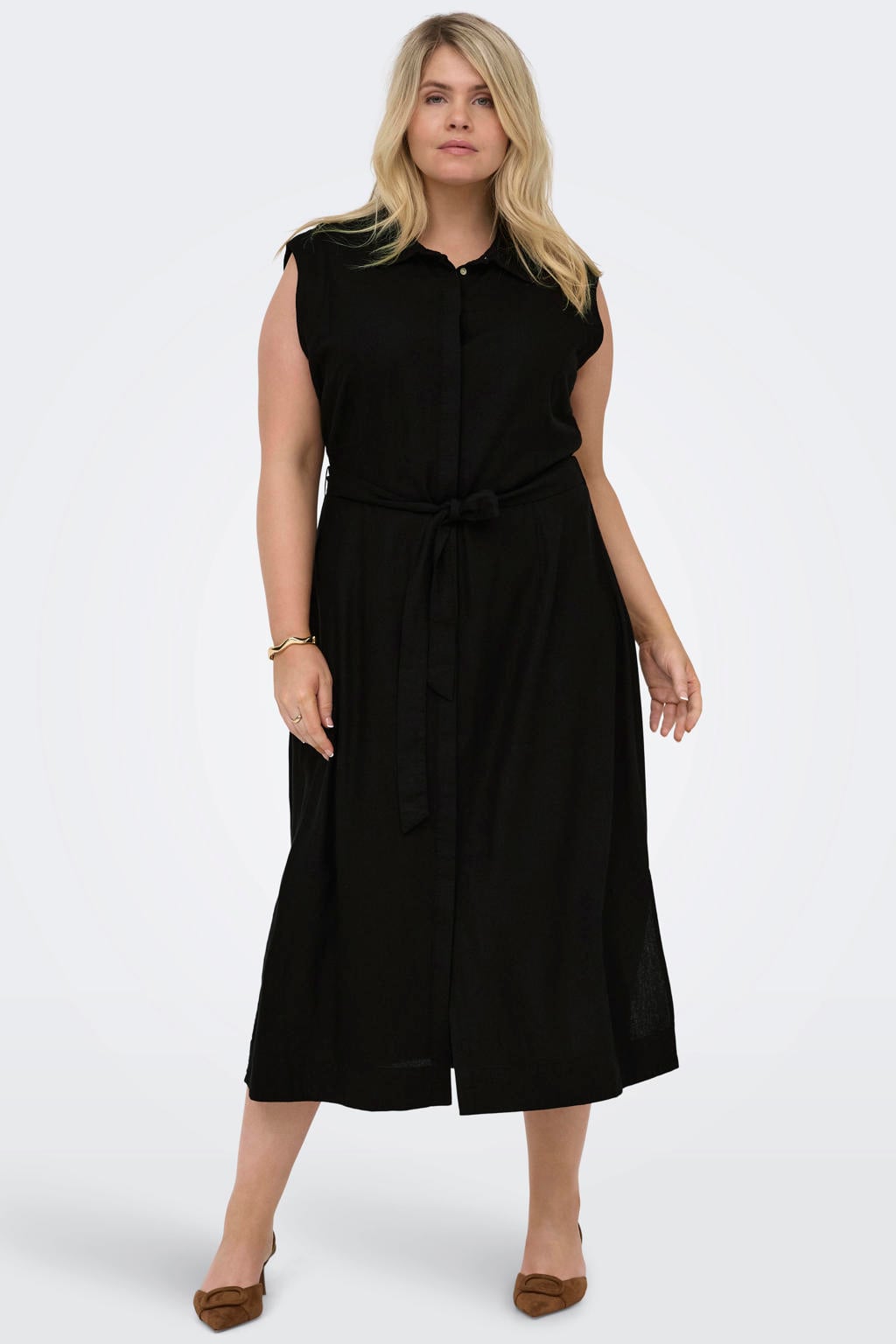 Zwarte dames ONLY CARMAKOMA blousejurk van viscose met effen, button down sluiting, knoopsluiting en ceintuur