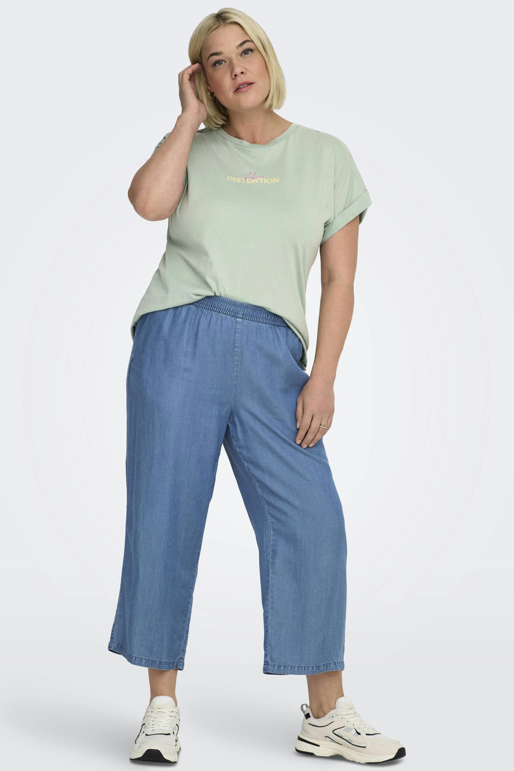 Blauwe dames ONLY CARMAKOMA high waist casual broek van lyocell met loose fit, elastische tailleband en effen