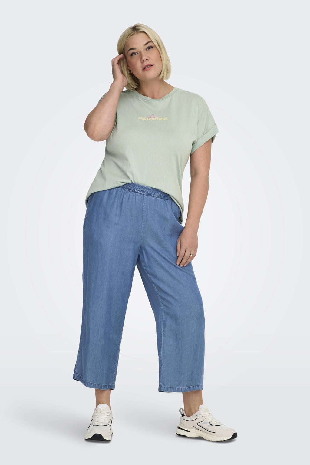 Blauwe dames ONLY CARMAKOMA high waist casual broek van lyocell met loose fit, elastische tailleband en effen