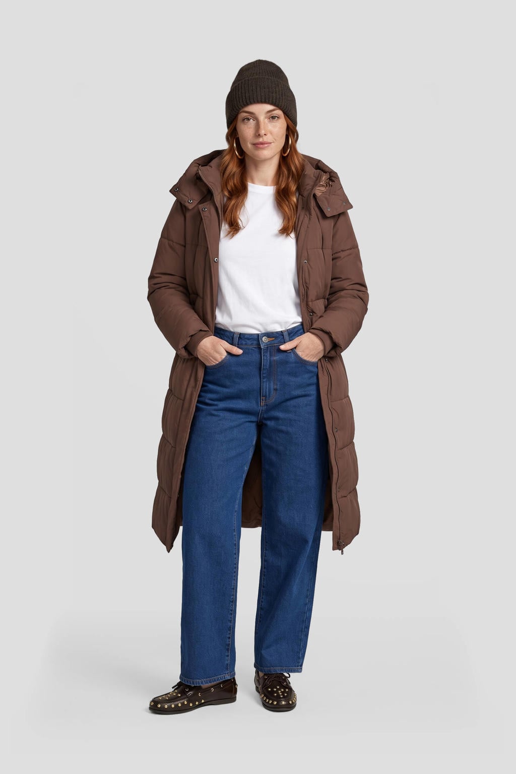 Bruine dames Anytime lange gewatteerde jas van polyester met effen, lange mouwen en capuchon