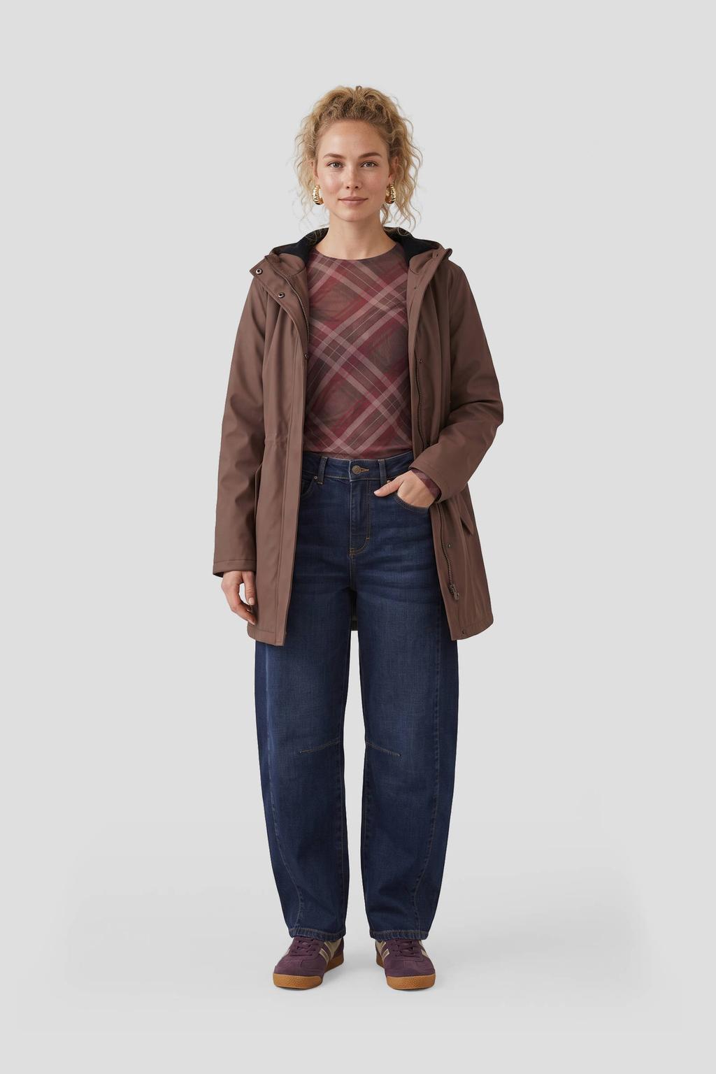 Bruine dames Anytime regenjas van polyester met effen, lange mouwen en capuchon
