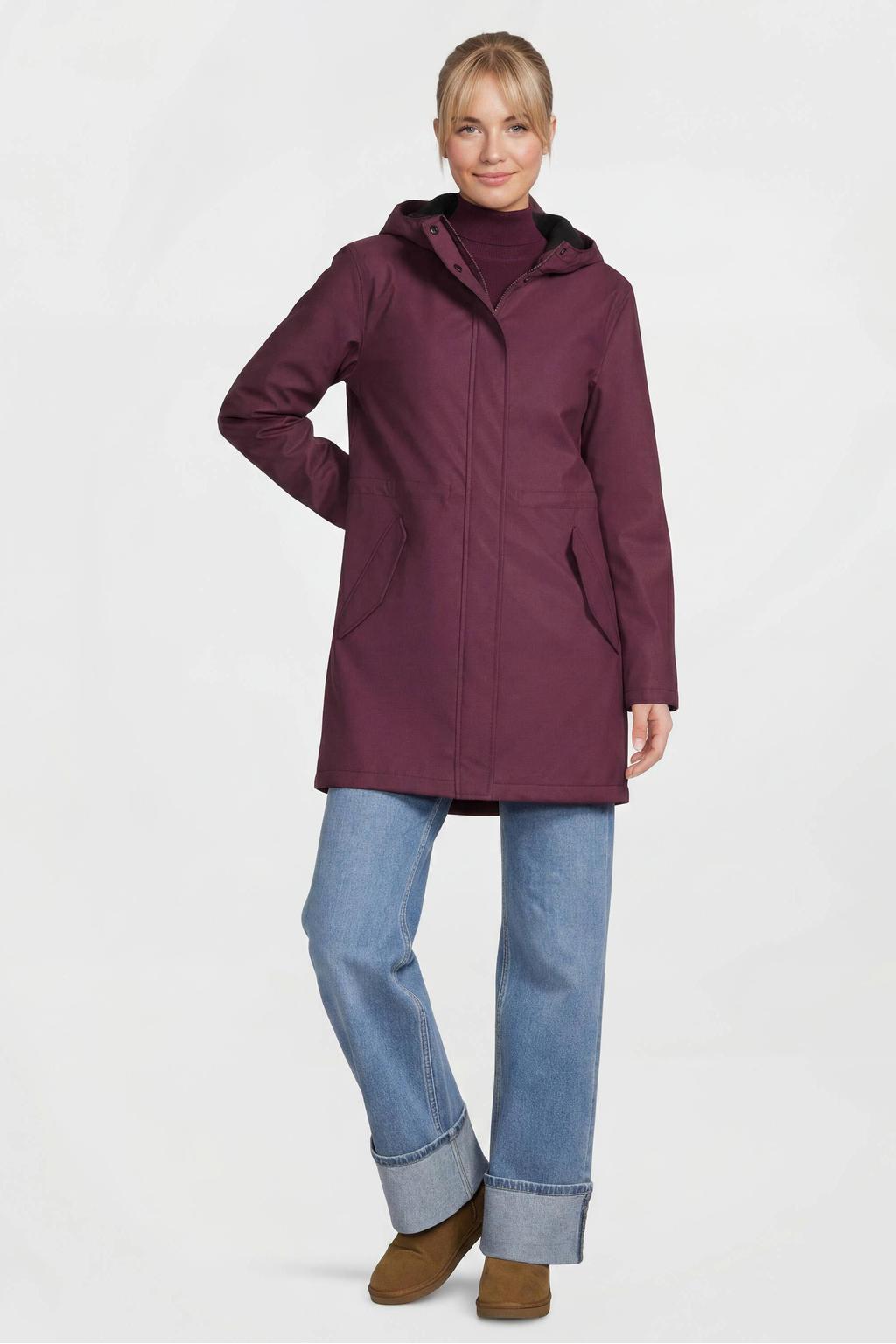 Donkerrode dames Anytime regenjas rood van polyester met effen, lange mouwen, capuchon en rits- en drukknoopsluiting