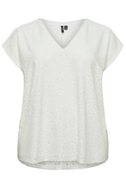 thumbnail: Ecru dames VERO MODA CURVE top broderie van polyester met effen, korte mouwen en V-hals