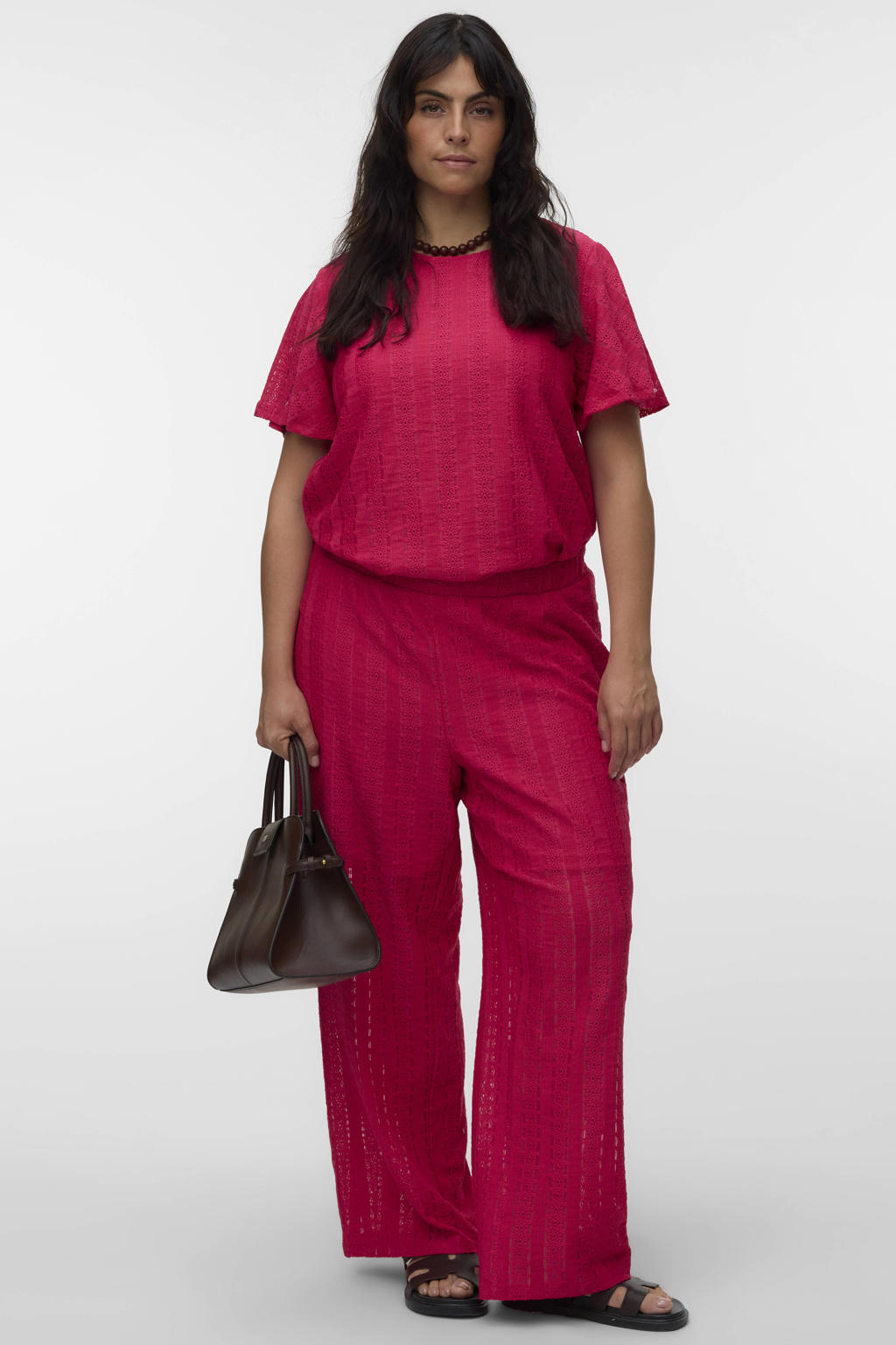 Roze dames VERO MODA CURVE top broderie van polyester met effen, korte mouwen en V-hals