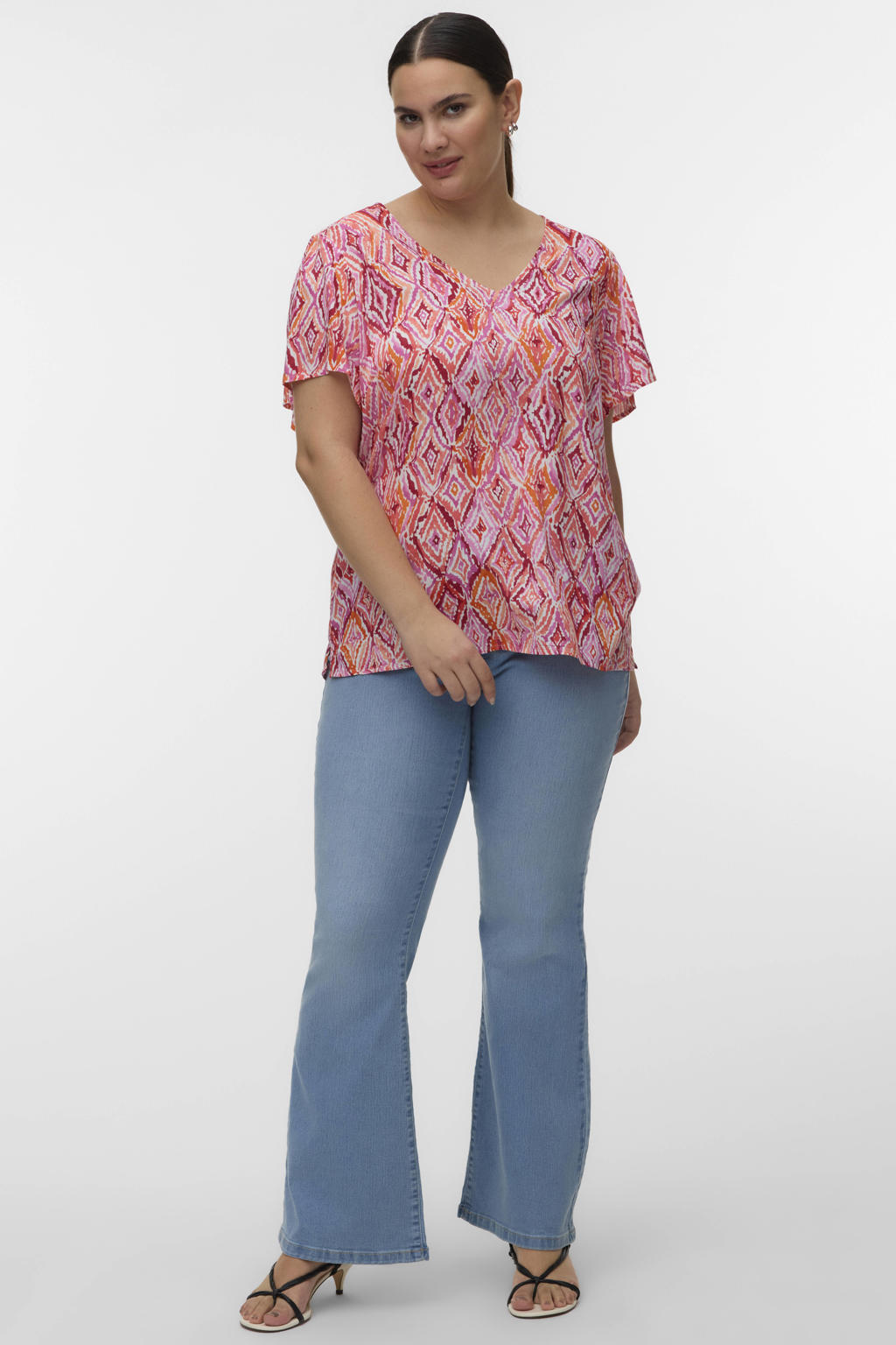 Multi, roze en oranje dames VERO MODA CURVE top van viscose met korte mouwen, V-hals en geweven detail