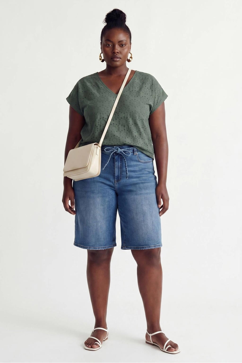 Groene dames VERO MODA CURVE top van polyester met effen, korte mouwen en V-hals
