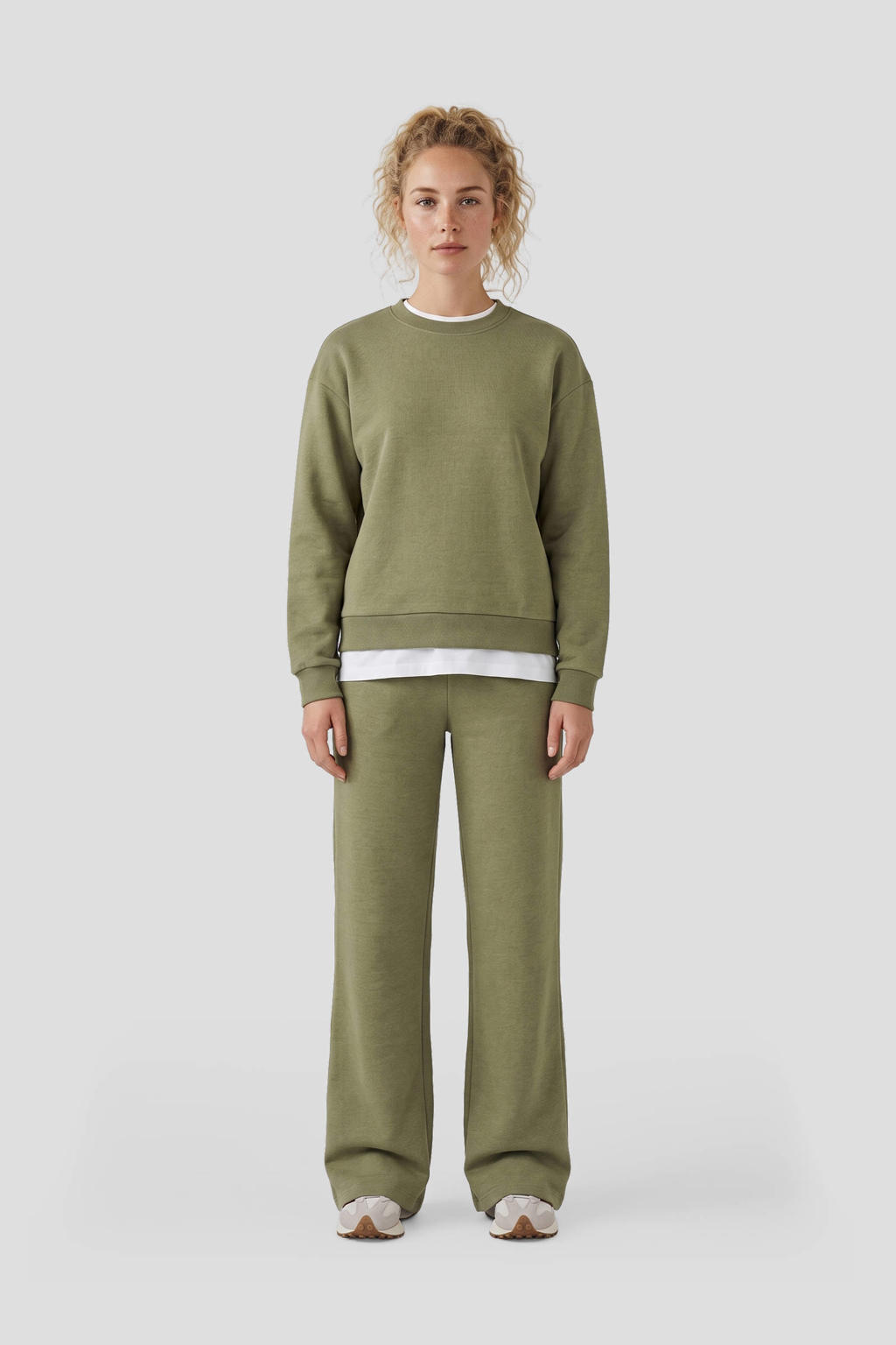 Olijfgroene dames Anytime fleece sweater met effen, lange mouwen en ronde hals