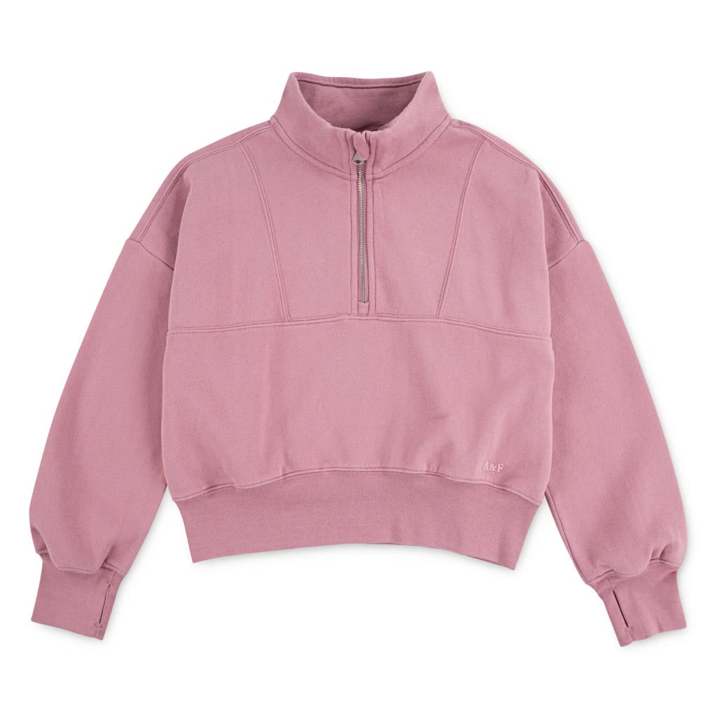 Roze meisjes Abercrombie & Fitch fleecetrui van sweat materiaal met effen, lange mouwen, opstaande kraag en halve rits