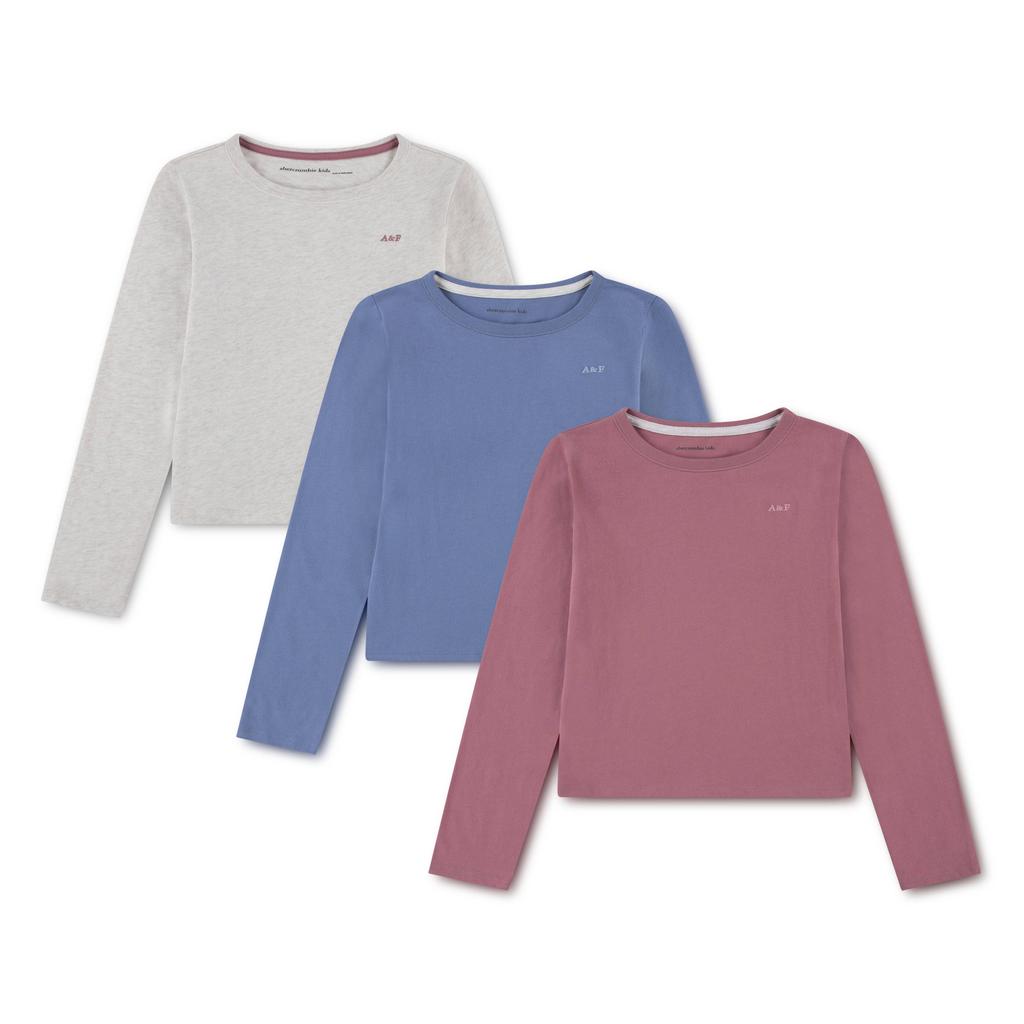 Set van 3 grijs, blauw en roze meisjes Abercrombie & Fitch longsleeve van katoen met effen, lange mouwen en ronde hals