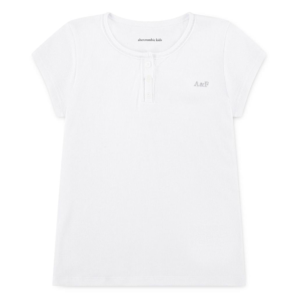 Witte meisjes Abercrombie & Fitch T-shirt rib gebreid van stretchkatoen met effen, korte mouwen, ronde hals en knoopsluiting