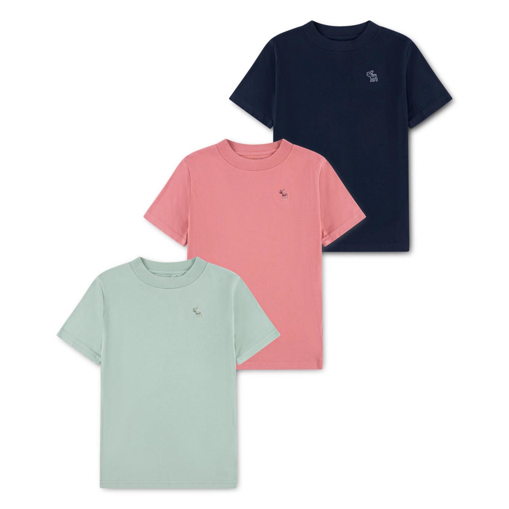 Set van 3 groen, roze en donkerblauwe jongens Abercrombie & Fitch T-shirt van katoen met effen, korte mouwen en ronde hals