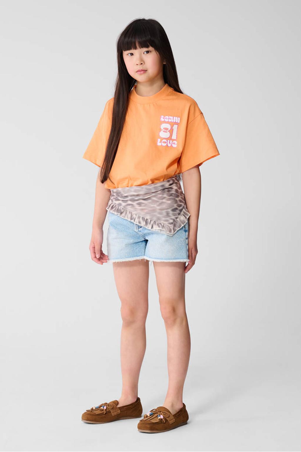 Oranje meisjes Shoeby T-shirt van katoen met printopdruk, korte mouwen, ronde hals en glitters